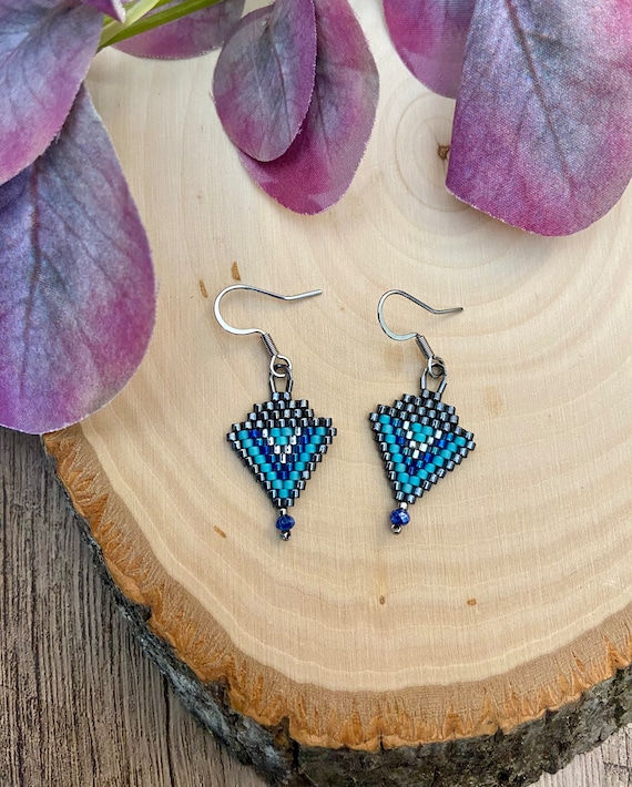 Small Blue and Silver Beaded Earrings Etsy Australia