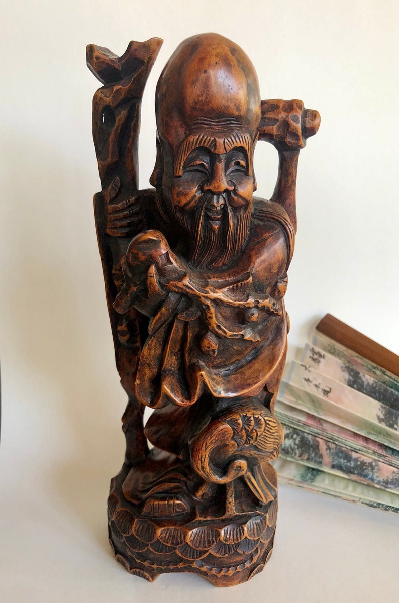 Vintage Chinese God of Longevity Carved Wood Statue Etsy