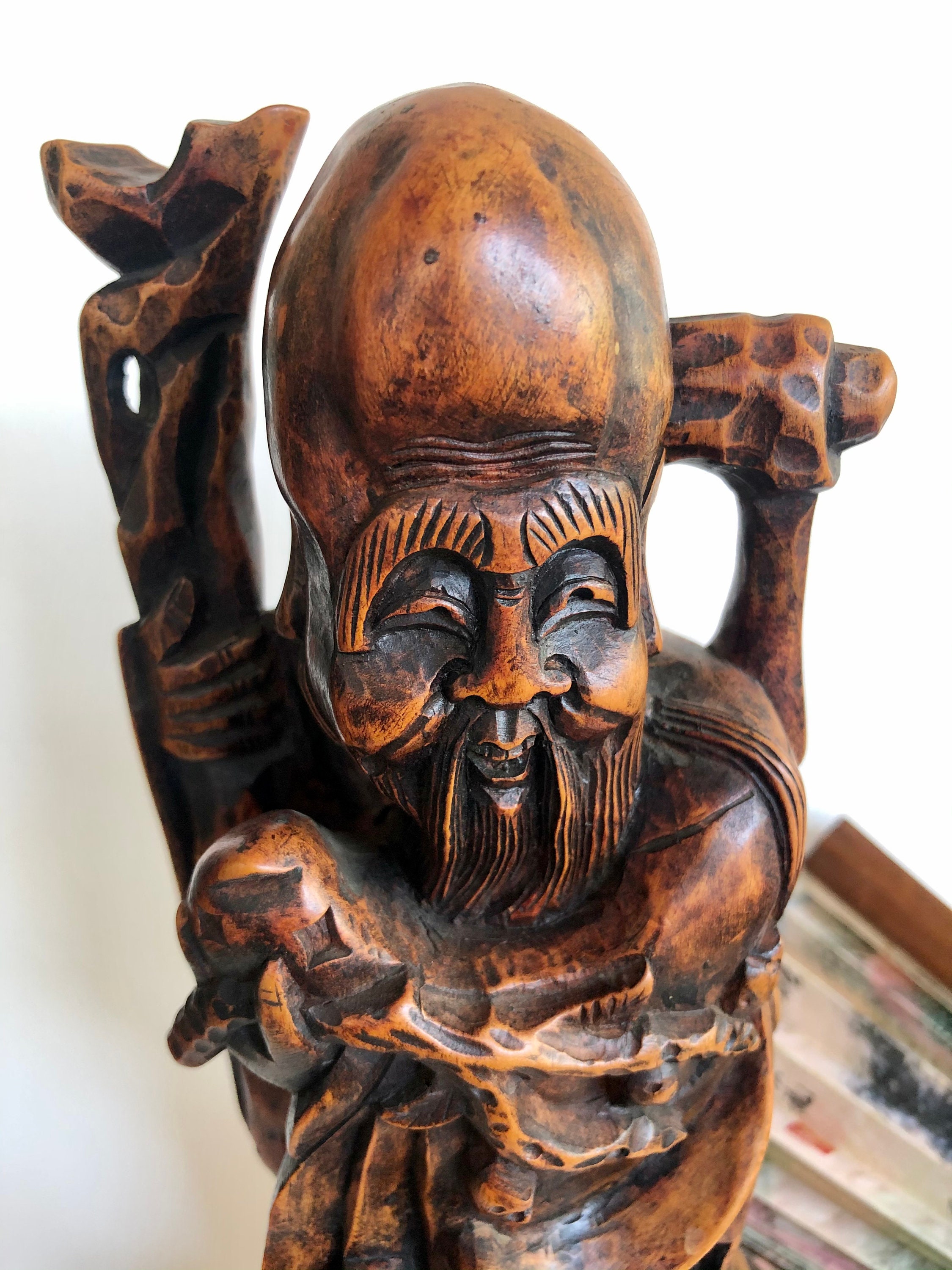 Vintage Chinese God of Longevity Carved Wood Statue Etsy