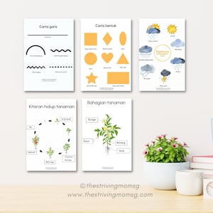 Lot de 5 imprimables (anglais/malais) – Formes, lignes, parties d’une plante et carte météo gratuite