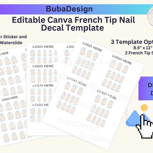 Bearbeitbare Easy CANVA Waterslide Französische Spitze Nagel Aufkleber Vorlagen, 3 einfache Maniküre Nail Art Tech Planer - Letter (8,5 "x 11"") DIY in zwei Größen