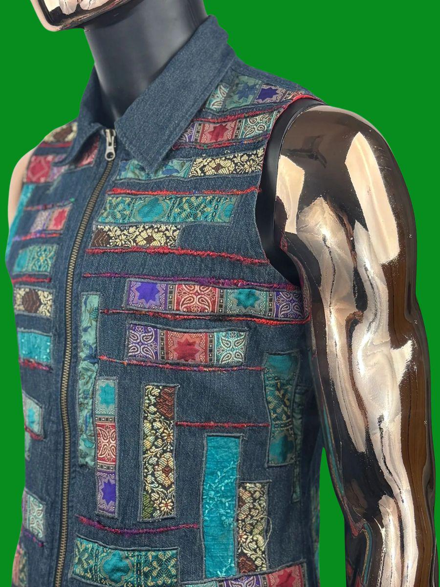 VTG Coldwater Creek Denim Vest w/ Brocade Patch & Embroidery