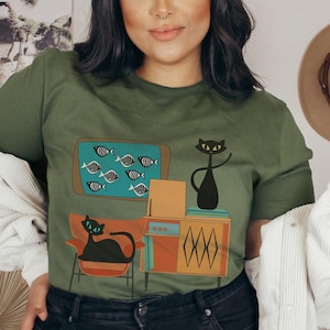 Mid Century Modern Cat T-Shirt: Retro Vinyl Record Design, Audiophile Gift