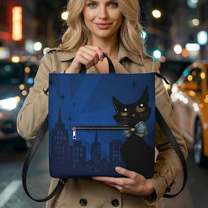 Pop Art Backpack, Atomic Black Cat Mod 1960s Skyline Shoulder Bag
