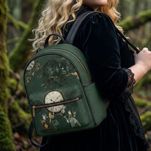 Alice in Wonderland Backpack: Faux Leather Shoulder Bag with Timepiece Design