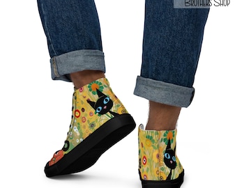 Midcentury Black Cat High Top Sneakers - Floral Kitty Canvas Hi-Top Men's Shoes