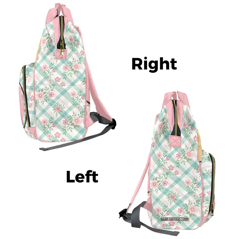 May include: A backpack featuring a light blue and white diagonal plaid pattern with pink floral accents. The bag has pink trim, top handles, and dark gray adjustable straps. The text Berry Brothers Shop is printed on the lower right side.