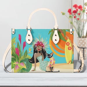 Tropical Flower Handbag, Mid Century Style Summer Purse, Siamese Cat Satchel, Beach Vacation Travel Shoulder Bag, Aqua, Green, Orange, Pink