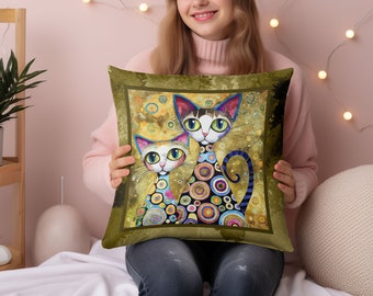 Cat Pillow Klimt Inspired Feline Accent Pillow Sleek Big Eye Cat Home Decor Cat Lover Gift Pet Owner Pillow Modern Art Nouveau Style KCP3