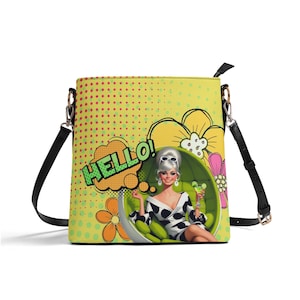 Mod 60s Pop Art Bucket Bag: Retro Flower Power Vegan Leather Handbag