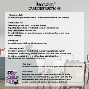 May include: Care instructions for Decoware dinnerware, including microwave, dishwasher, and oven safety guidelines. The text also advises on hand washing and pre-soaking for stain removal. The Berry Brothers Shop logo is in the bottom left corner.