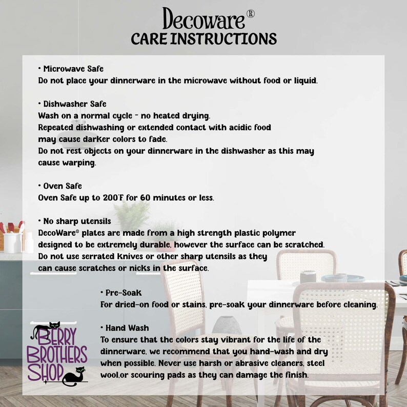 May include: Care instructions for Decoware dinnerware, including microwave, dishwasher, and oven safety guidelines. The text also advises on hand washing and pre-soaking for stain removal. The Berry Brothers Shop logo is in the bottom left corner.