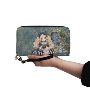 Steampunk Alice in Wonderland Wallet, Goth Adventures Down the Rabbit Hole Wrist Clutch, Dark Academia Alice Fan PU Leather Wristlet Wallet