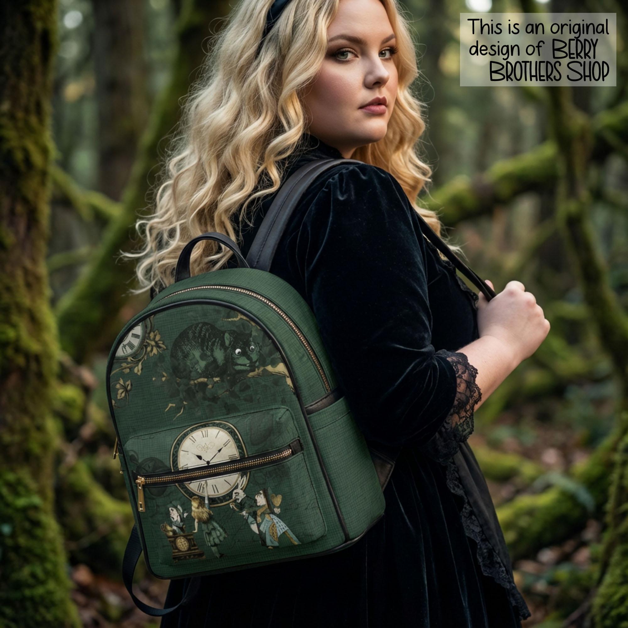 Mini Faux Leather Backpack with Alice in Wonderland Design, Front Zip Pocket, Disney Alice in Wonderland -- Cheshire Cat Smile... | WondaPop main image 4