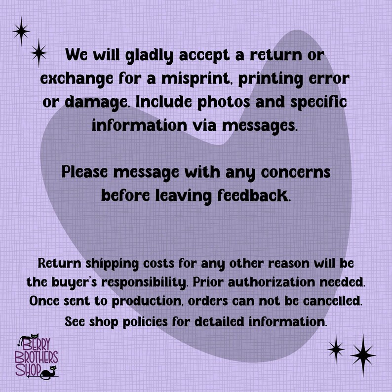 May include: A lilac-colored background with a retro-style design, featuring text about returns, exchanges, and customer service. The text includes information on misprints, damage, and feedback. The Berry Brothers Shop logo is in the lower left corner.
