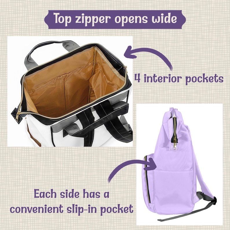May include: A backpack with a wide-opening top zipper, four interior pockets, and side slip-in pockets. The interior is lined in tan, while the exterior features black straps and trim. Text on the image reads: Top zipper opens wide, 4 interior pockets.