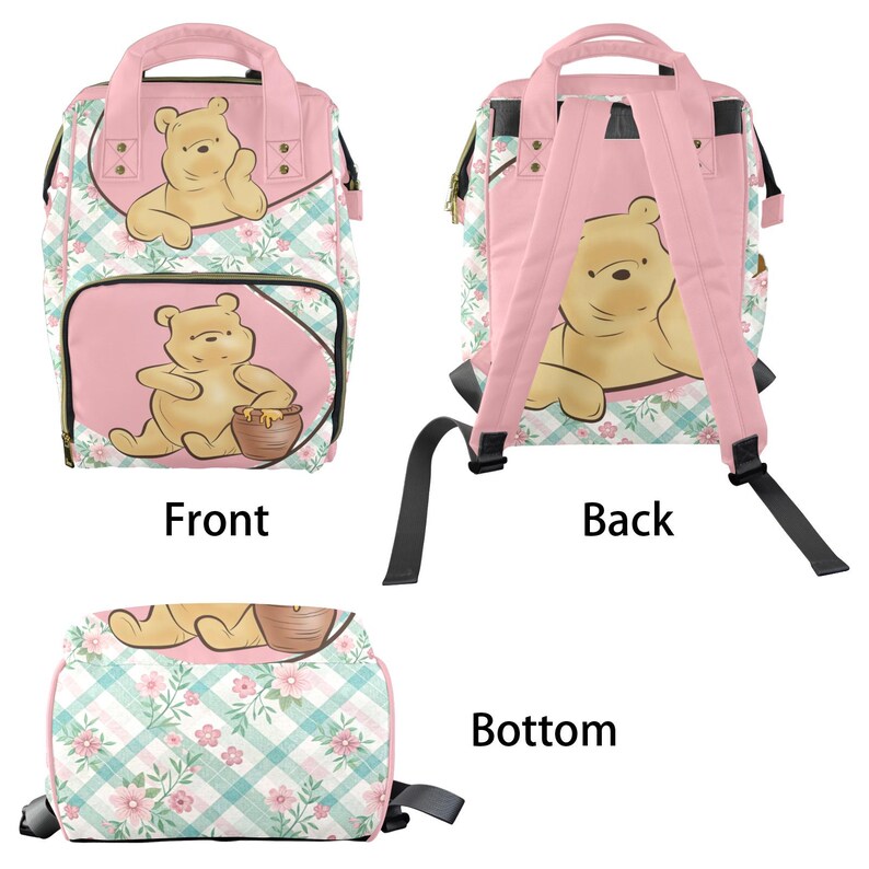 May include: A pink backpack featuring a Winnie the Pooh illustration, a teal and white plaid pattern, and floral accents. The bag includes a top handle, adjustable shoulder straps, and a front zippered pocket. The text Front, Back, and Bottom labels appear.