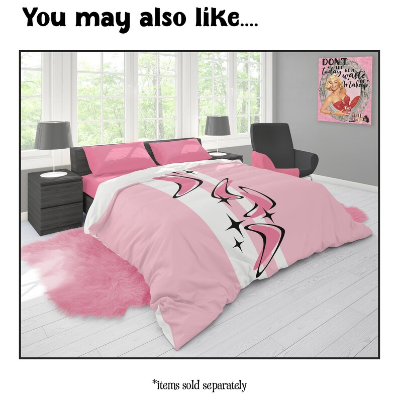 May include: A pink and white bedding set with a retro design featuring boomerangs and starbursts. The set includes a comforter, pillows, and a pink faux fur rug. The text "You may also like..." is at the top.