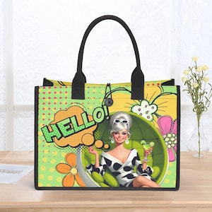 Pop Art Canvas Tote Bag: 1960s Mod Cocktail Gal Handbag
