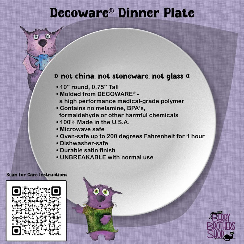 Puede incluir: Un plato llano redondo de color blanco Decoware con acabado satinado, que mide 25,4 cm de di&aacute;metro y 1,9 cm de altura. El plato incluye texto que detalla su composici&oacute;n de pol&iacute;mero de grado m&eacute;dico, certificaciones y un c&oacute;digo QR.