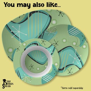 May include: A set of four ceramic plates with a retro atomic design in shades of teal, black, white, and green. The plates feature a variety of shapes and sizes, including a dinner plate, a salad plate, and a bowl. The text "You may also like..." is at the top.
