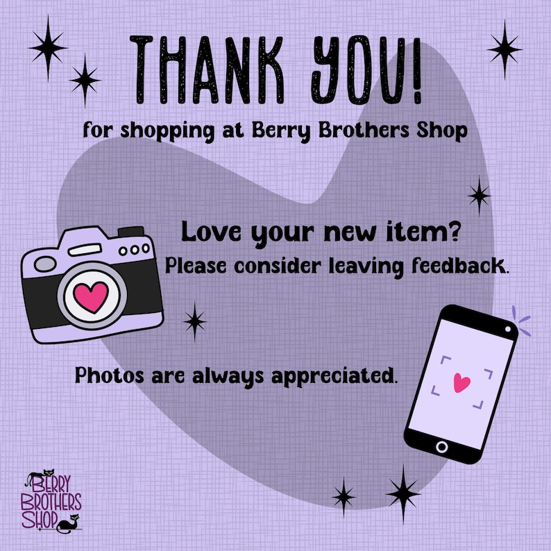 Puede incluir: Una tarjeta de agradecimiento de color morado claro con un icono de c&aacute;mara negro con lente de coraz&oacute;n rosa, un icono de smartphone negro con un coraz&oacute;n rosa en la pantalla y estrellas negras. El texto dice: THANK YOU! for shopping at Berry Brothers Shop.