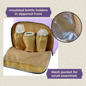 May include: A light purple backpack with a zippered front compartment containing three tan bottle holders and a mesh pocket. The text reads Insulated bottle holders in zippered front and Mesh pocket for small essentials. The interior lining is silver.