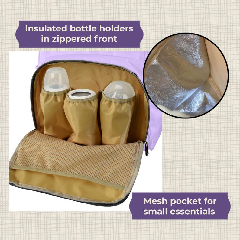 May include: A light purple backpack with a zippered front compartment containing three tan bottle holders and a mesh pocket. The text reads Insulated bottle holders in zippered front and Mesh pocket for small essentials. The interior lining is silver.