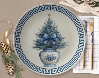 Chinoiserie Dinner Plate Blue Christmas Tree Dinnerware Festive Holiday Tableware Polymer