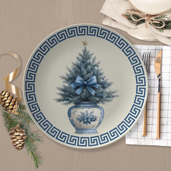 Chinoiserie Dinner Plate Blue Christmas Tree Dinnerware Festive Holiday Tableware - Polymer
