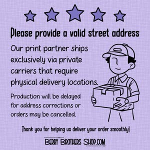 May include: A light purple graphic with text that reads "Please provide a valid street address." A cartoon delivery person holds a package. The Berry Brothers Shop.com logo is at the bottom.