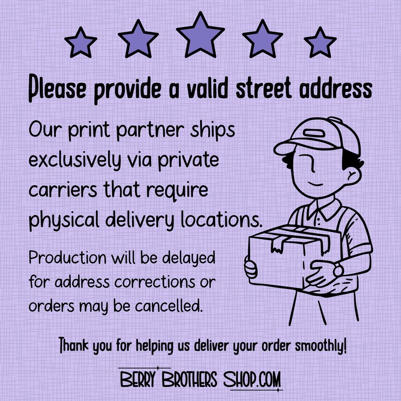 May include: A light purple graphic with text that reads "Please provide a valid street address." A cartoon delivery person holds a package. The Berry Brothers Shop.com logo is at the bottom.