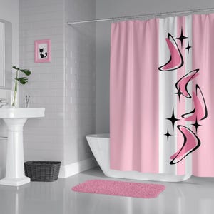 Midcentury Pink Boomerang Shower Curtain: Atomic Starburst Bathroom Decor