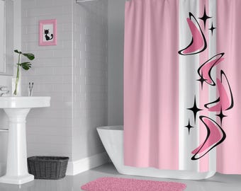 Midcentury Pink Boomerang Shower Curtain: Atomic Starburst Bathroom Decor