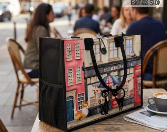 London Adventure Tote Bag - Mid-century Modern Cat Canvas Handbag