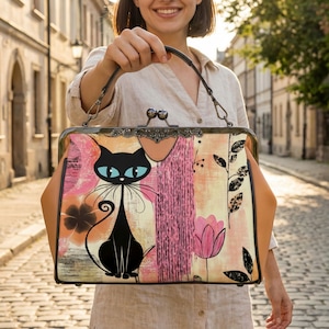 ミッドセンチュリーモダン キスロックハンドバッグ：アトミックキャットフローラルヴィーガンレザー財布