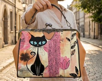 Mid Century Modern Kiss Lock Handbag: Atomic Cat Floral Vegan Leather Purse