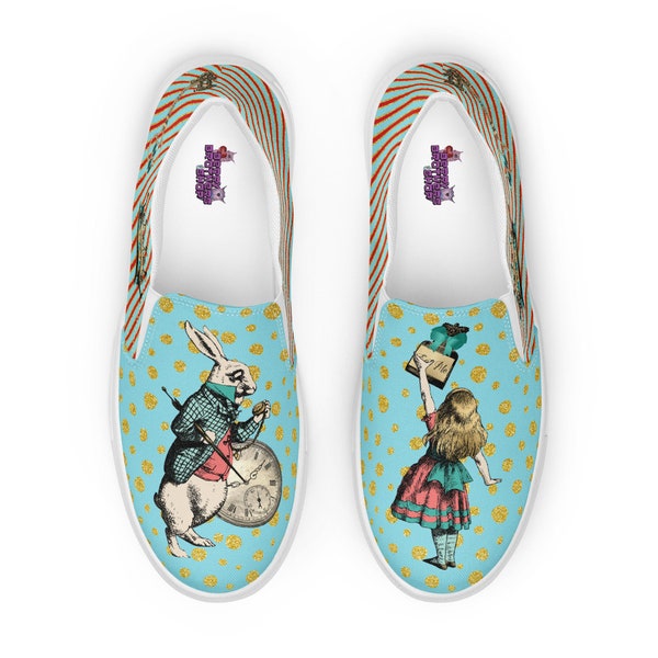 Alice in Wonderland Whimsical Sneakers - Classic Alice Slip-On Shoes - Skater Style Fantasy Footwear