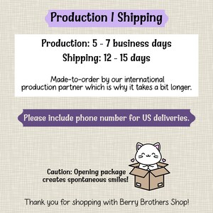 May include: A graphic illustration of a white cat with pink ears sitting inside a brown cardboard box. The cat has a smiling expression with two small pink hearts on either side. The text below the cat reads, Caution: Opening package creates spontaneous smiles!