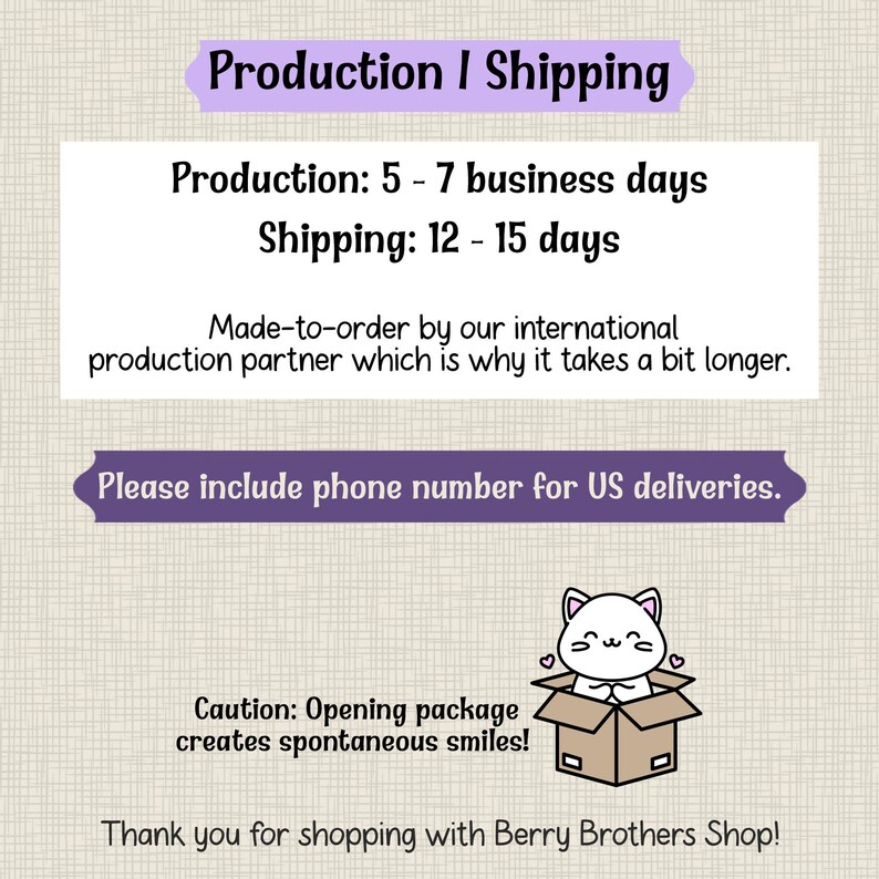 May include: A graphic illustration of a white cat with pink ears sitting inside a brown cardboard box. The cat has a smiling expression with two small pink hearts on either side. The text below the cat reads, Caution: Opening package creates spontaneous smiles!