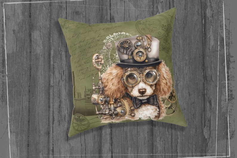 Steampunk Poodle Dog Pillow Vintage Industrial Pillow Etsy