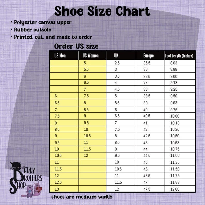 May include: A shoe size chart with measurements in US men's and women's sizes, UK sizes, European sizes, and foot length in inches. The chart is on a light purple background with a yellow border.