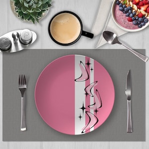 Mid-Century Modern Dinner Plate: Rose Pink Atomic Boomerang Design