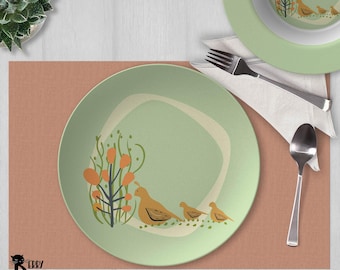 Plato llano con diseño de codorniz de California, estilo moderno de mediados de siglo, de Decoware, del suroeste de Arizona, polímero.