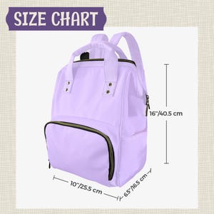 May include: A light purple backpack with black zippers and top handles. The text SIZE CHART is at the top. Dimensions are marked as 16 inches high, 10 inches wide, and 6.5 inches deep, with corresponding metric measurements provided for each side.