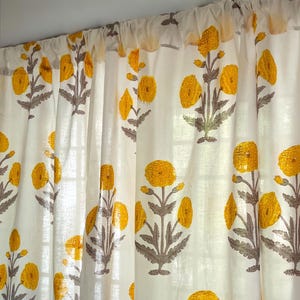 Handmade Cotton Block Print Valance Yellow Himalayan Poppy Flower Elegant Window Treatment Classic Home Decor Accent for Living Room Bedroom