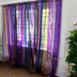 Purple Saree Curtains Upcycled Handmade Saree Curtains with Saree strips Window and door Sheer Hippie Curtain Bohemian Saree home decor