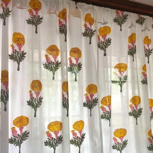 Handmade Cotton Block Print Curtain White with Yellow Marigold Elegant Window Treatment Classic Home Decor Accent for Living Room & Bed Room