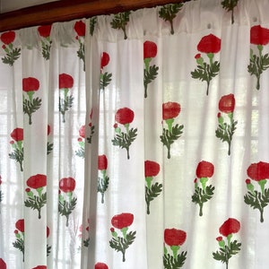Handmade Cotton Block Print Curtain White with Red Marigold Elegant Window Treatment Classic Home Decor Accent for Living Room & Bed Room