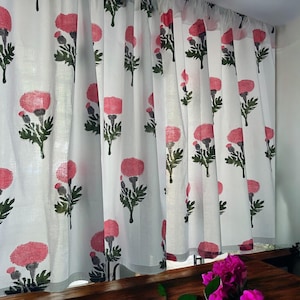 Handmade Cotton Block Print Valance Pink Marigold Flower on White Elegant Window Treatment Classic Home Decor Accent for Living Room Bedroom